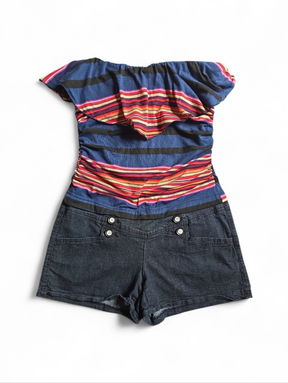Y2k Vintage Striped Off-Shoulder Romper with Dark Denim Shorts